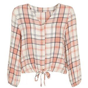 Como Vintage Pink & White Plaid Blouse – Tie Front, Size M